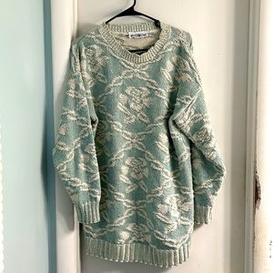 White Stag Vintage  Aqua Cream Knit Oversized Floral Print Sweater Size Small